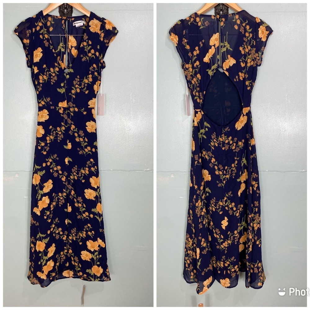 Reformation Wellfleet Dress Bernadette‎ Floral Midi Blue Orange Front Slit Sz 2